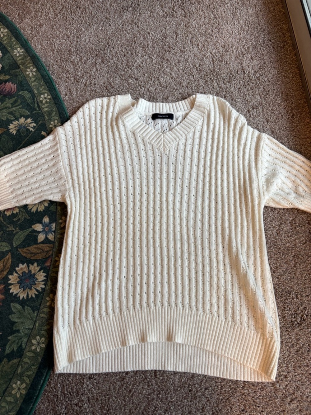 Women's Cream V-Neck Ribbed Knit Blouse
